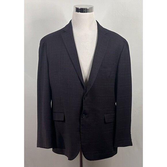 Kenneth Cole 48R Slim Fit Sport Coat Wool Blend Dark Red Plaid Two Button Vented - Picture 2 of 8